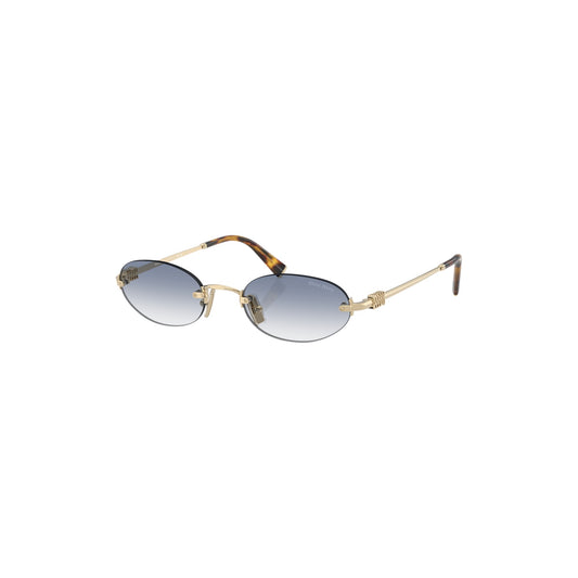 Via Manzoni Boutique Miu Miu rimless oval sunglasses with gradient blue lenses and gold metal frame with tortoiseshell temple tips.