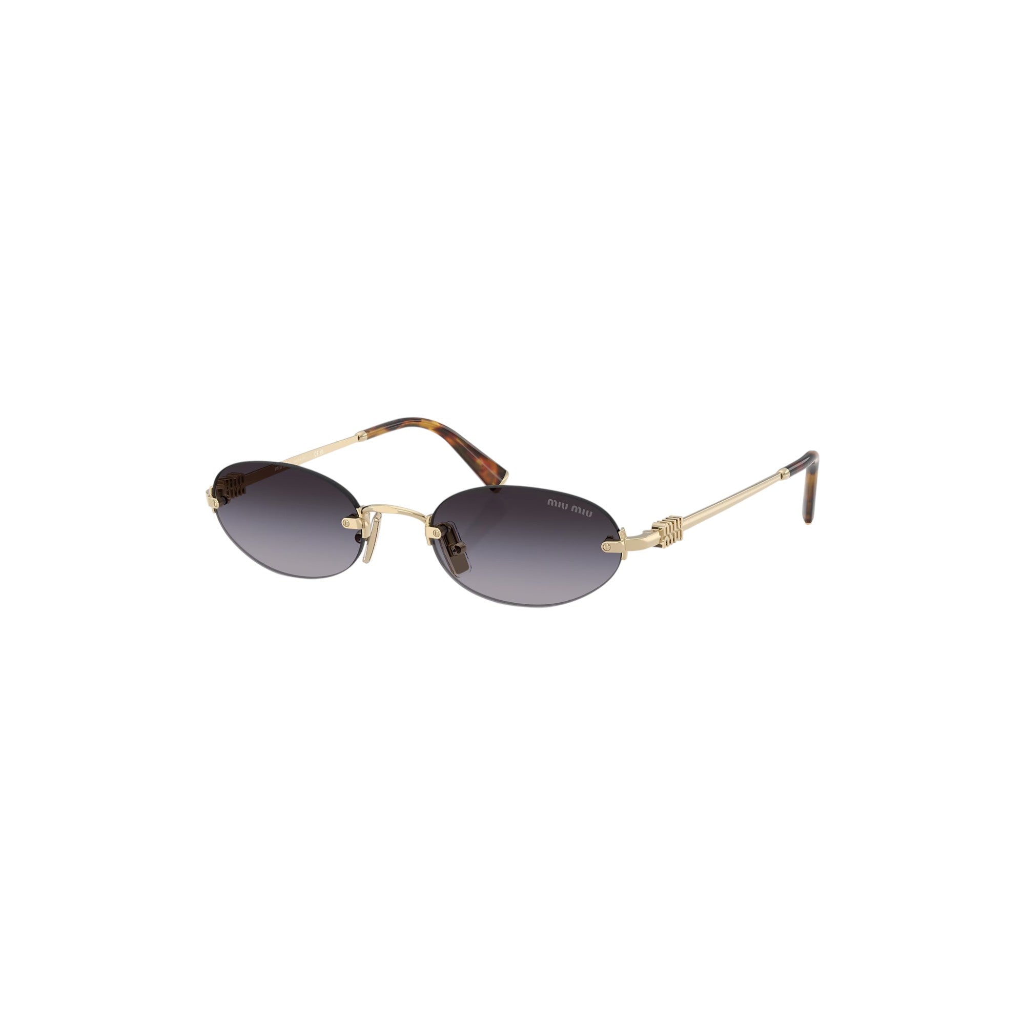 Via Manzoni Boutique Miu Miu rimless oval sunglasses with grey gradient lenses and gold metal frame with tortoiseshell tips.