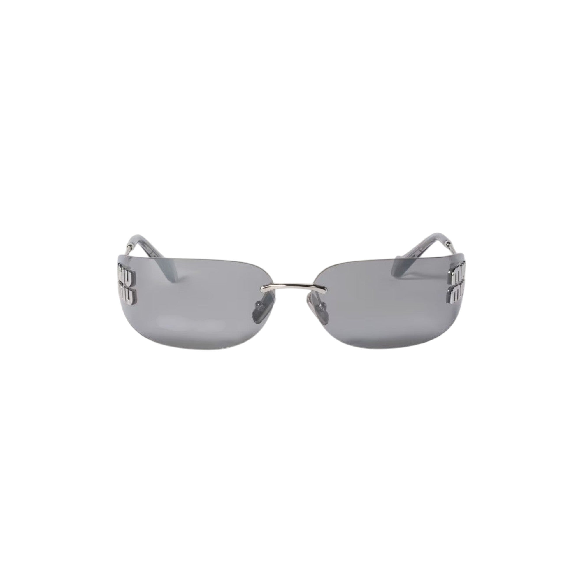 Via Manzoni Boutique Miu Miu logo embellished shield sunglasses with translucent grey lenses and silver-tone metal frames.