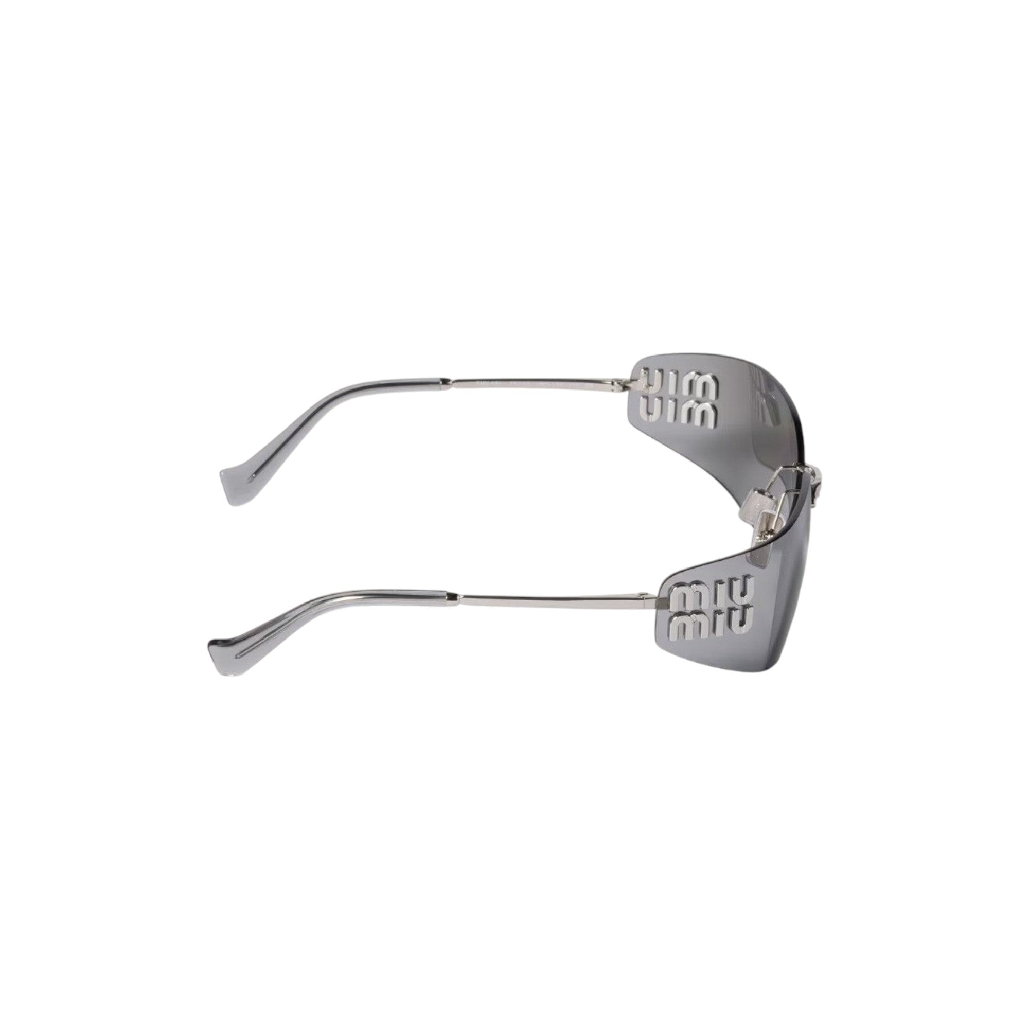 Via Manzoni Boutique Miu Miu silver-tone metal shield sunglasses with translucent grey lenses and cut-out logo detail.