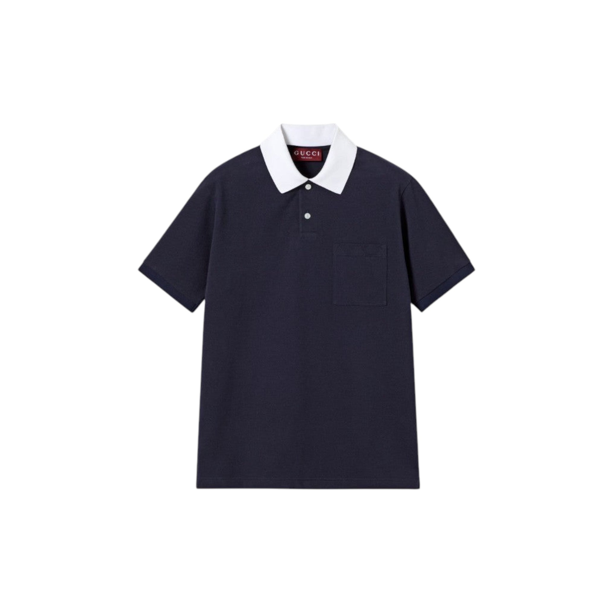 Via Manzoni Boutique navy blue cotton pique polo shirt with a crisp white collar and chest pocket.