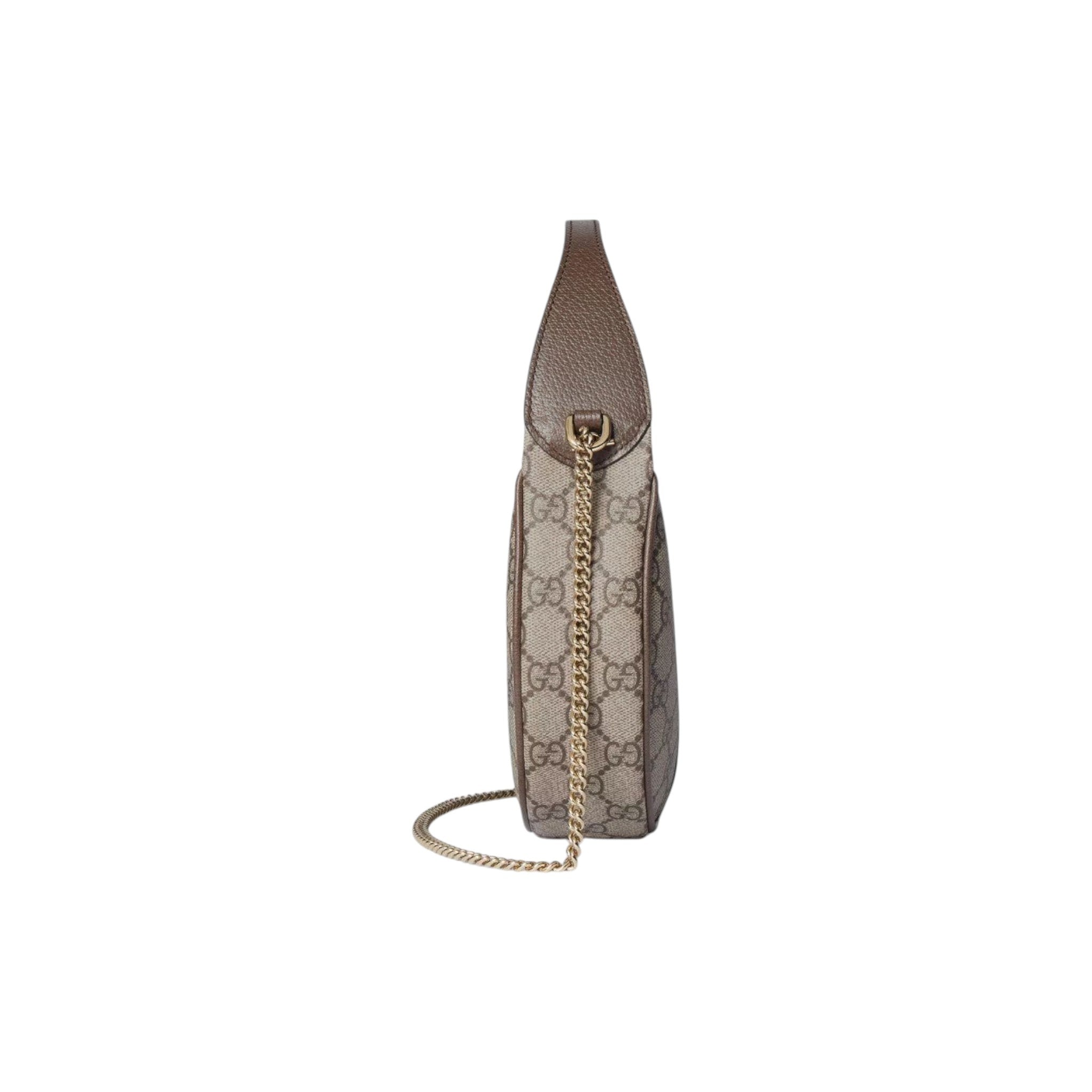 Via Manzoni Boutique Ophidia GG Small Shoulder Bag in beige and ebony GG Supreme canvas with brown leather trim and gold chain.