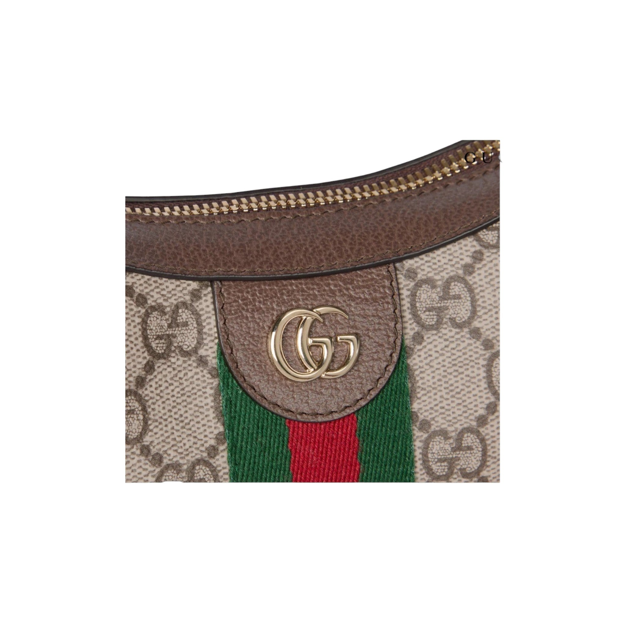 Via Manzoni Boutique Ophidia GG Small Shoulder Bag in beige GG Supreme canvas with brown leather trim and green/red Web stripe.