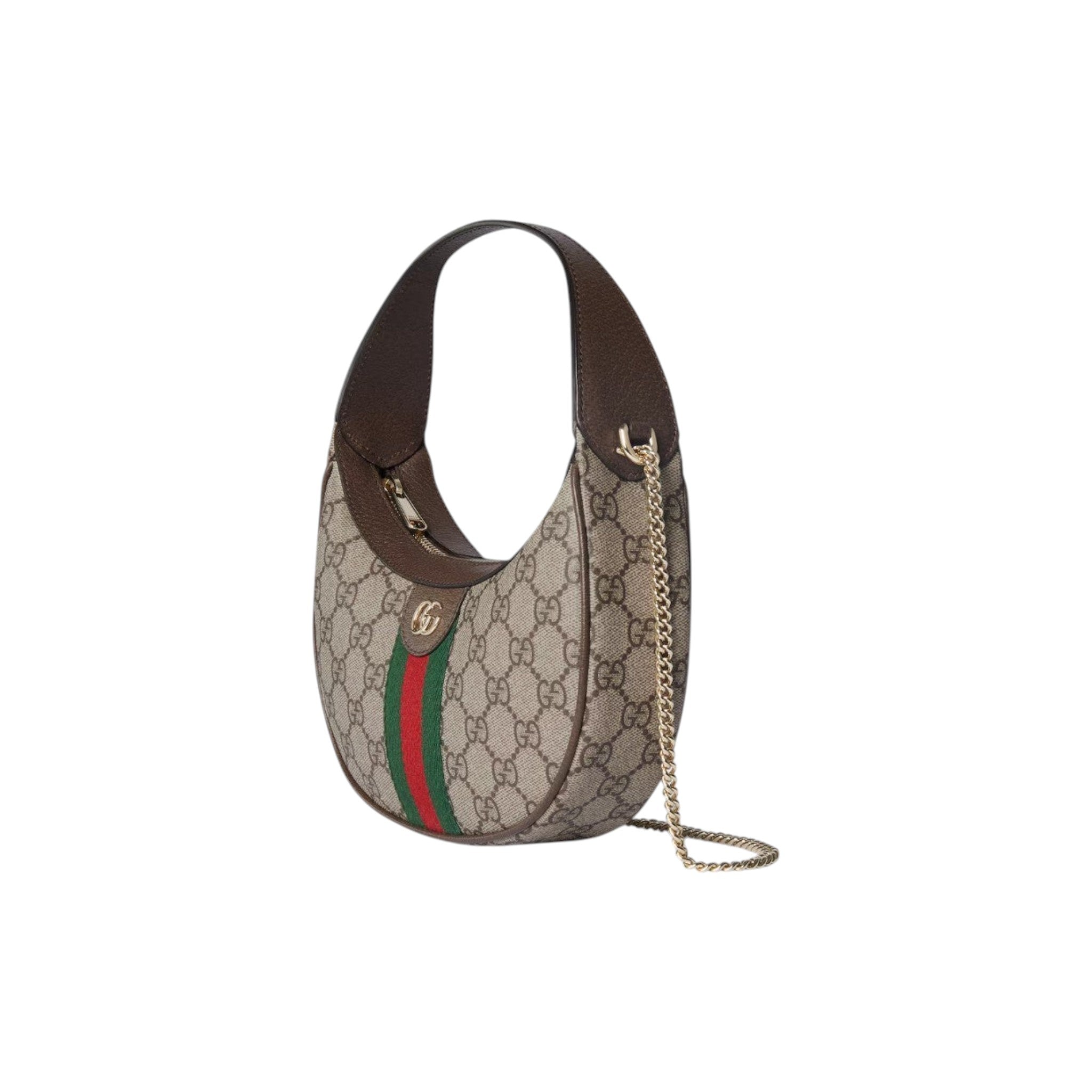 Via Manzoni Boutique Ophidia GG Small Shoulder Bag in beige GG Supreme canvas with brown leather trim and green/red Web stripe.