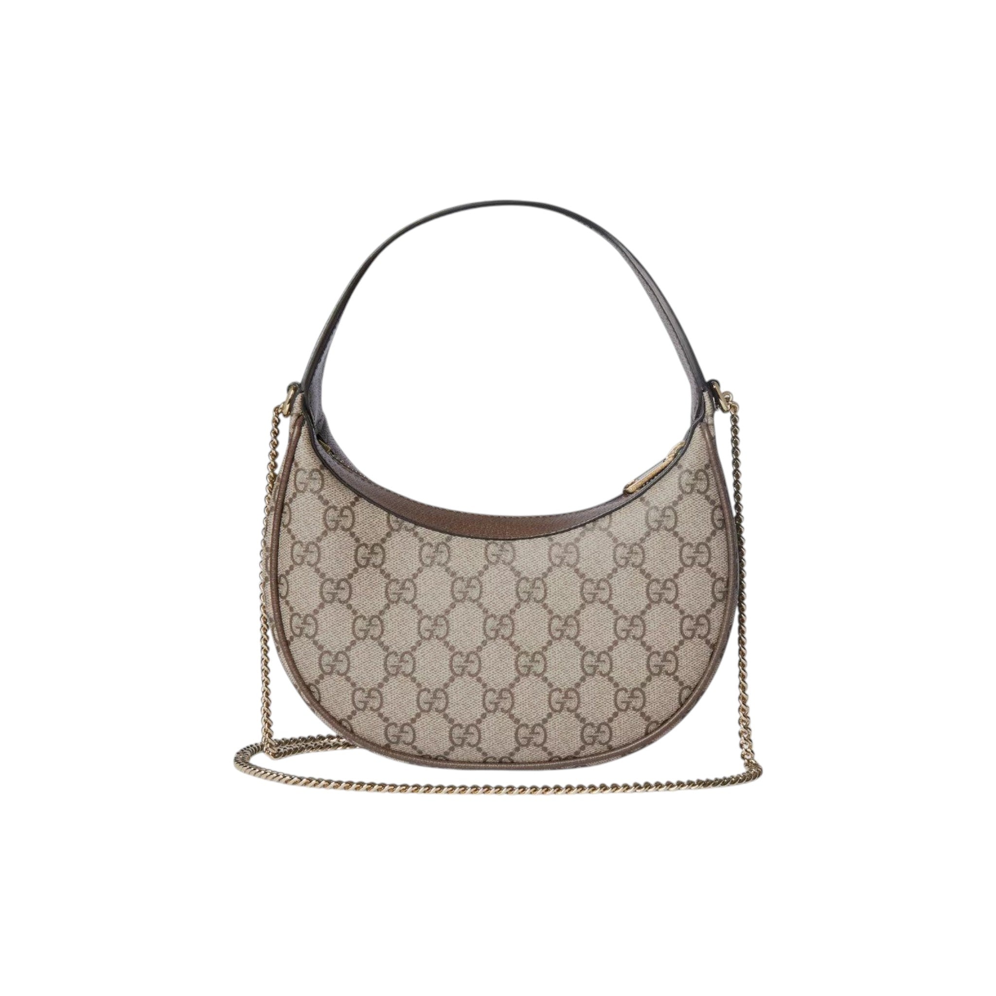 Via Manzoni Boutique Ophidia GG Small Shoulder Bag in beige and ebony GG Supreme canvas with brown leather trim and gold chain.