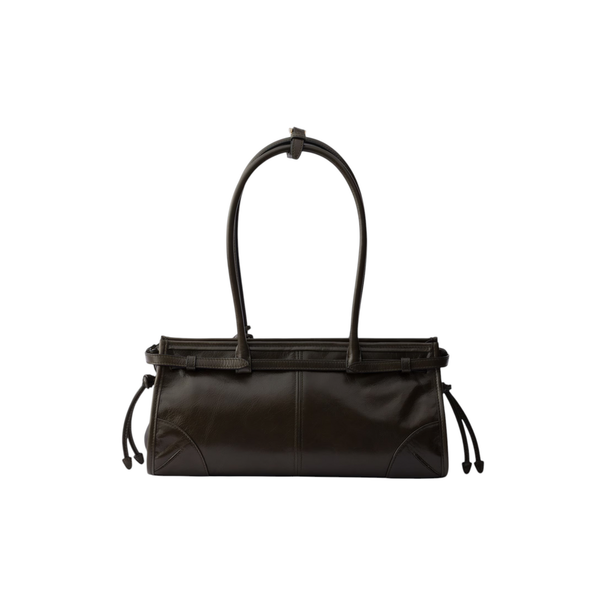 Via Manzoni Boutique 出售的 Prada Bonnie 中号森林绿小牛皮手提包，具有光泽质感和精致的搭扣细节。