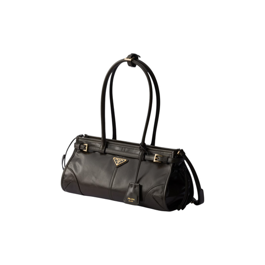 Via Manzoni Boutique Prada Bonnie 中号森林绿小牛皮手提包，配有标志性珐琅三角形徽标和抛光金属配件。