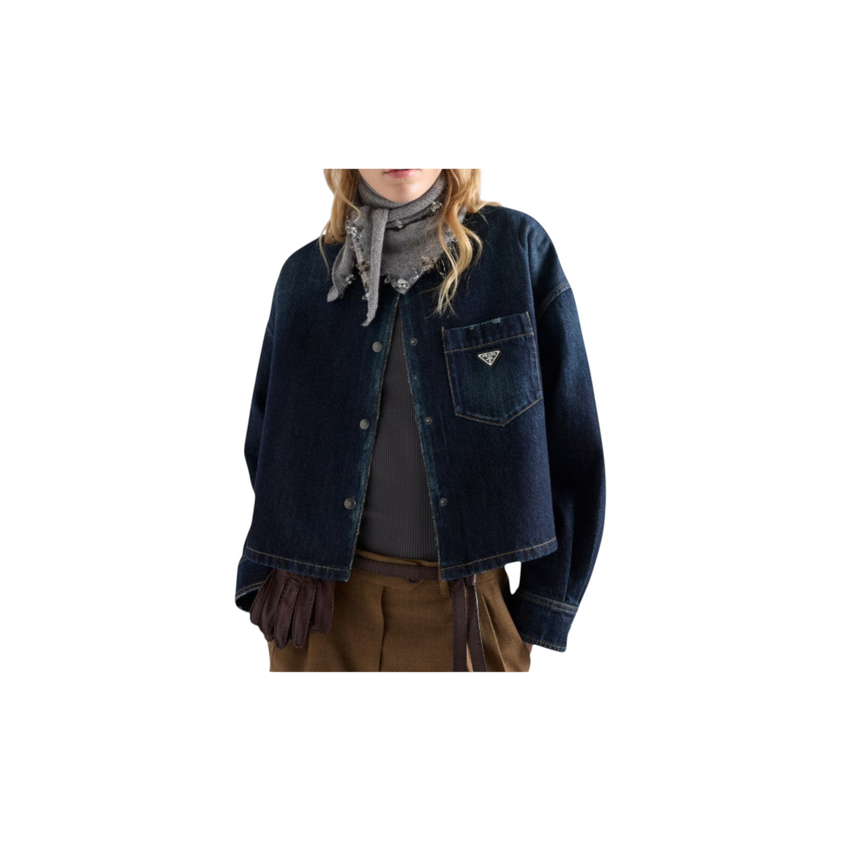 Via Manzoni Boutique PRADA cropped indigo denim jacket with metal snap buttons and chest logo plaque