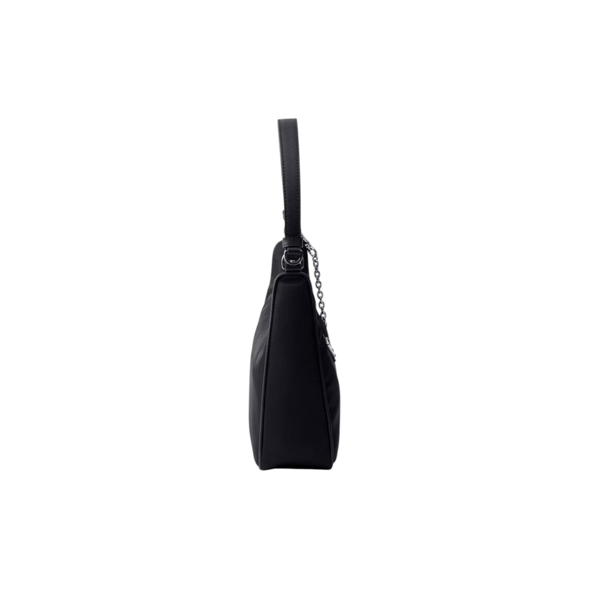 Via Manzoni Boutique PRADA Re-Edition 2005 black nylon shoulder bag side view with silver chain and leather handle