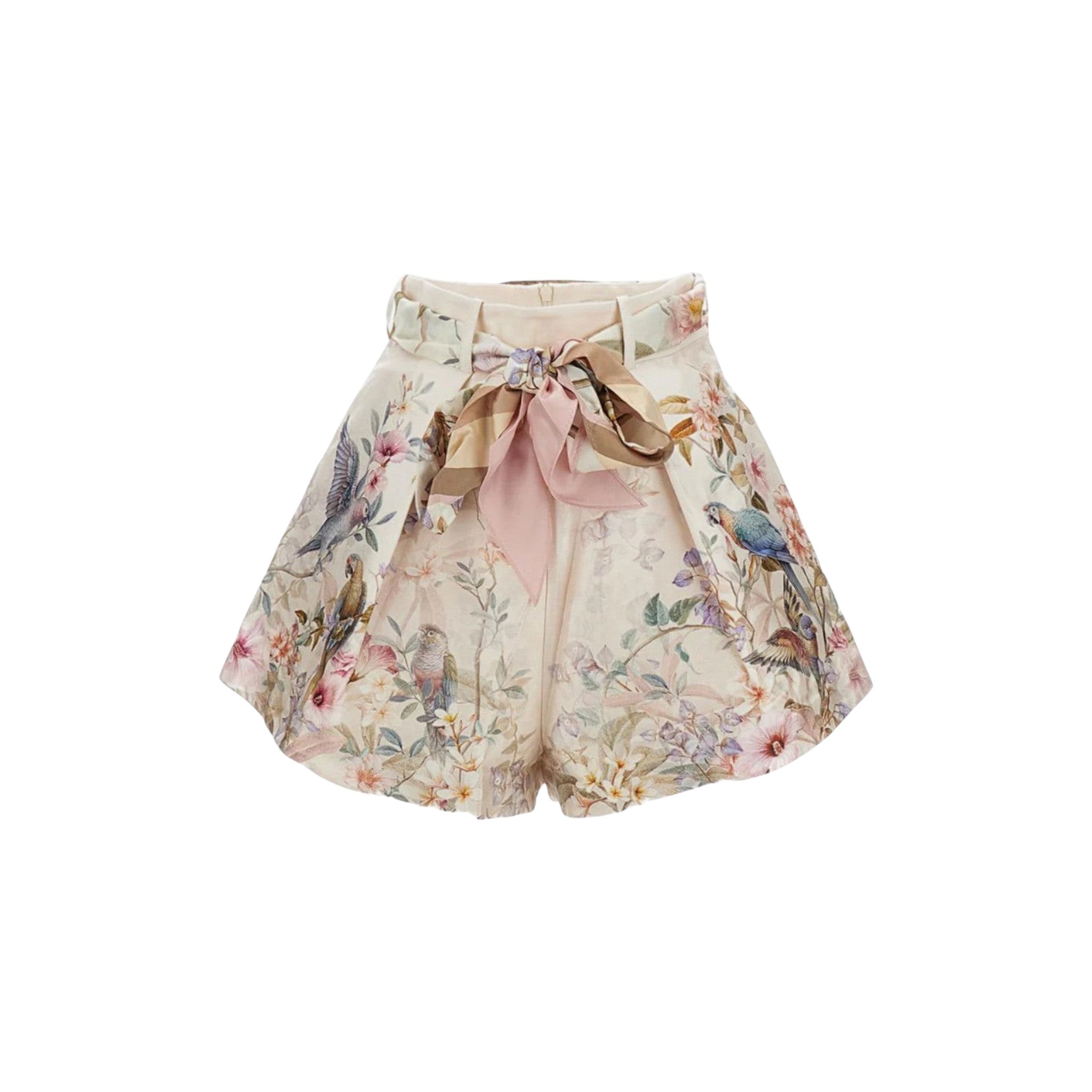 Via Manzoni Boutique high-waisted shorts with a botanical print of parrots and flowers, featuring a belted waist with a pink bow.