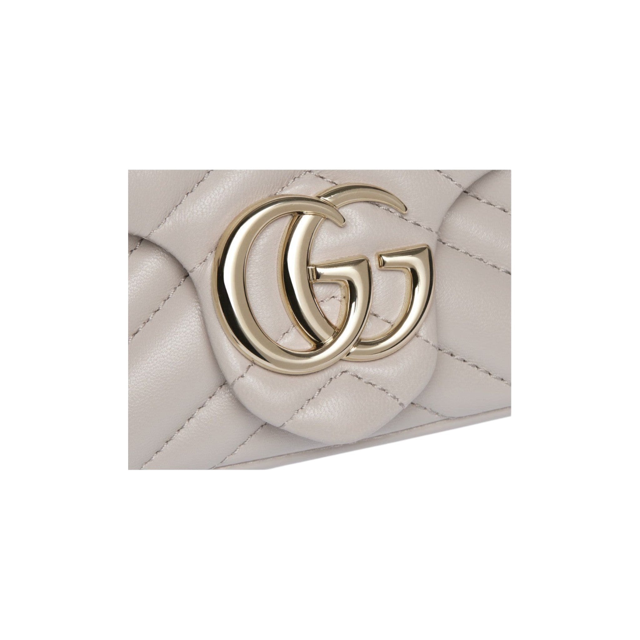 Via Manzoni Boutique light beige quilted leather shoulder bag with gold-tone double G logo and chain strap.