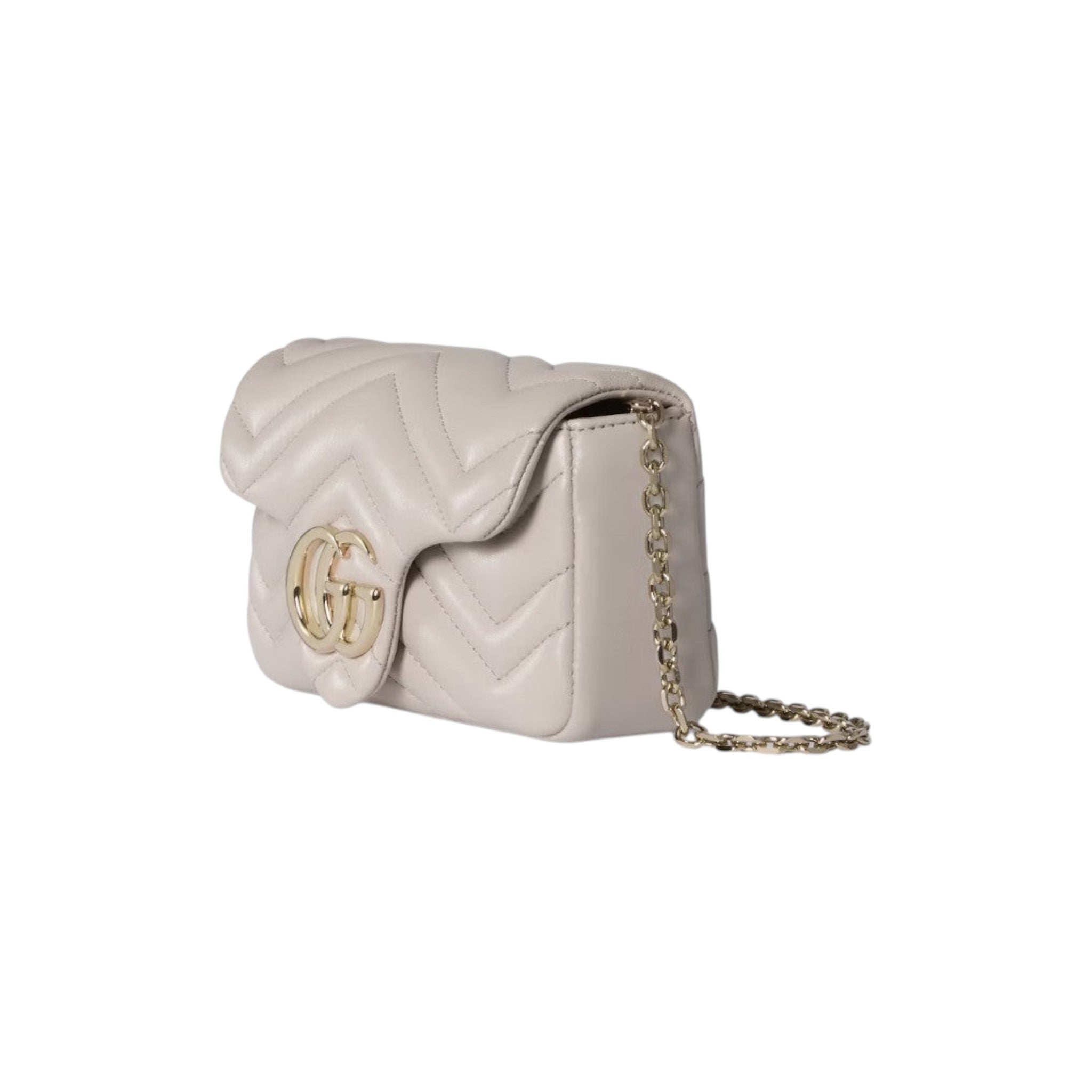 Via Manzoni Boutique light beige quilted leather shoulder bag with chevron pattern and gold GG logo.