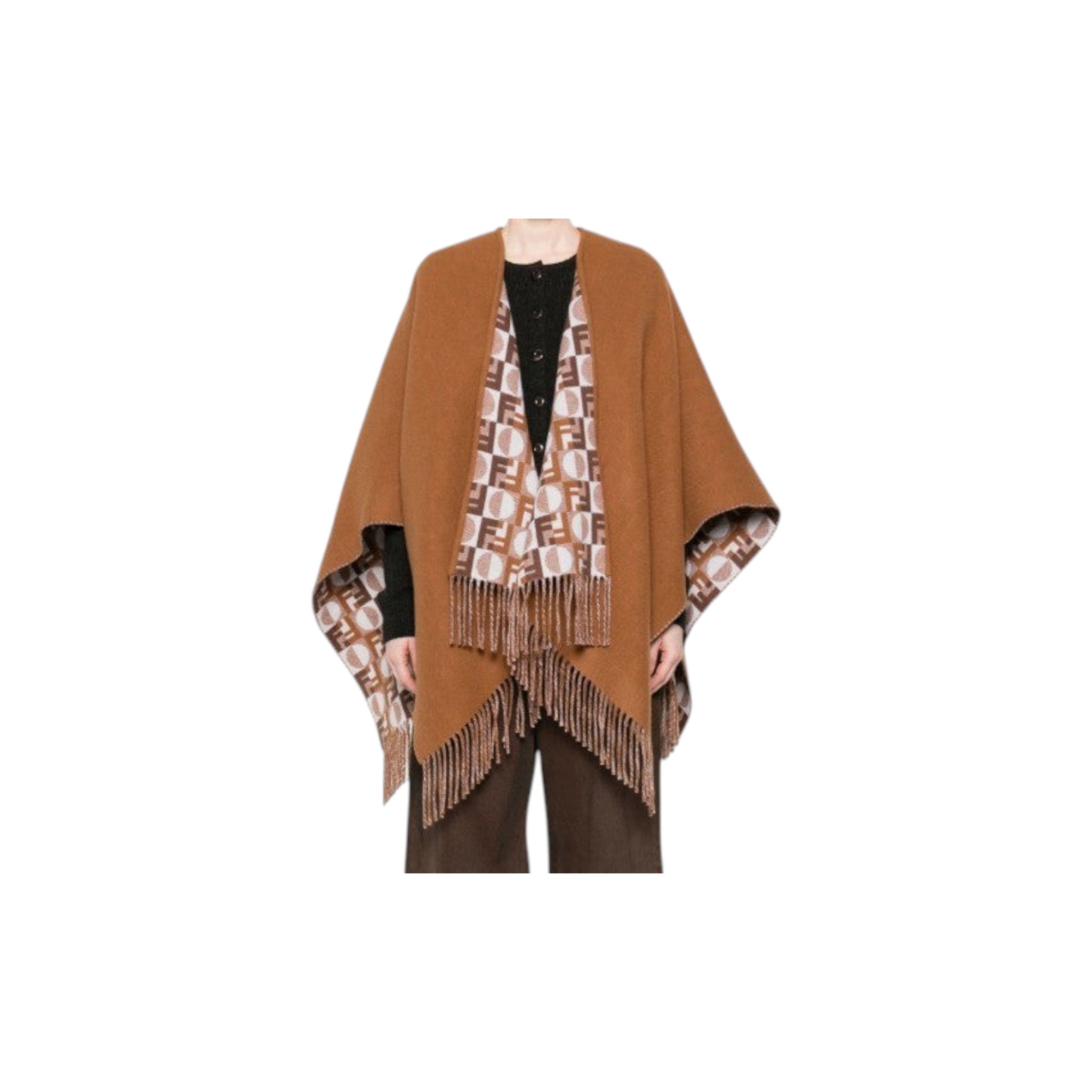 Via Manzoni Boutique reversible wool blend poncho in caramel with fringed edges and monogram print lining.