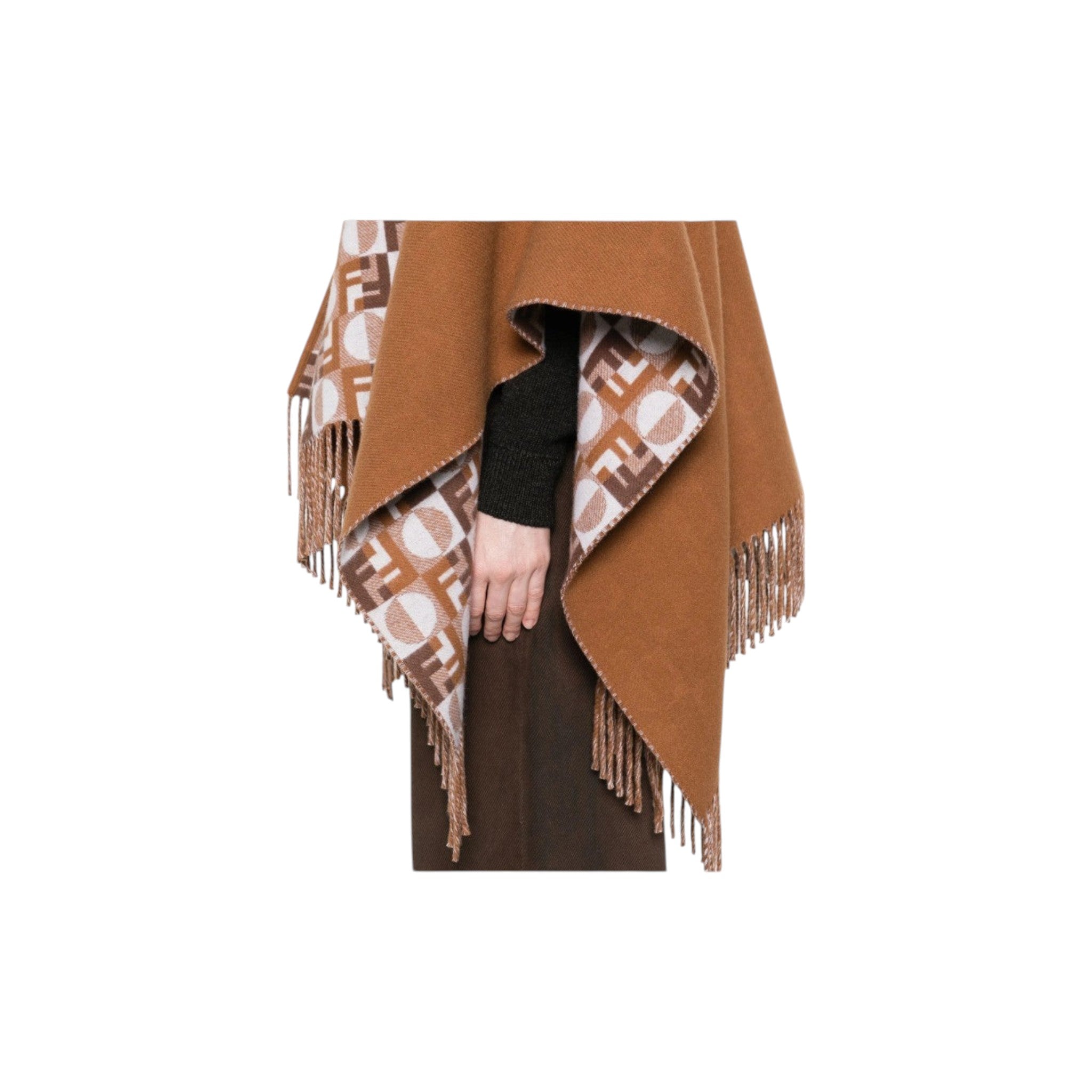 Via Manzoni Boutique reversible wool blend poncho in caramel with monogram print and fringe detail.