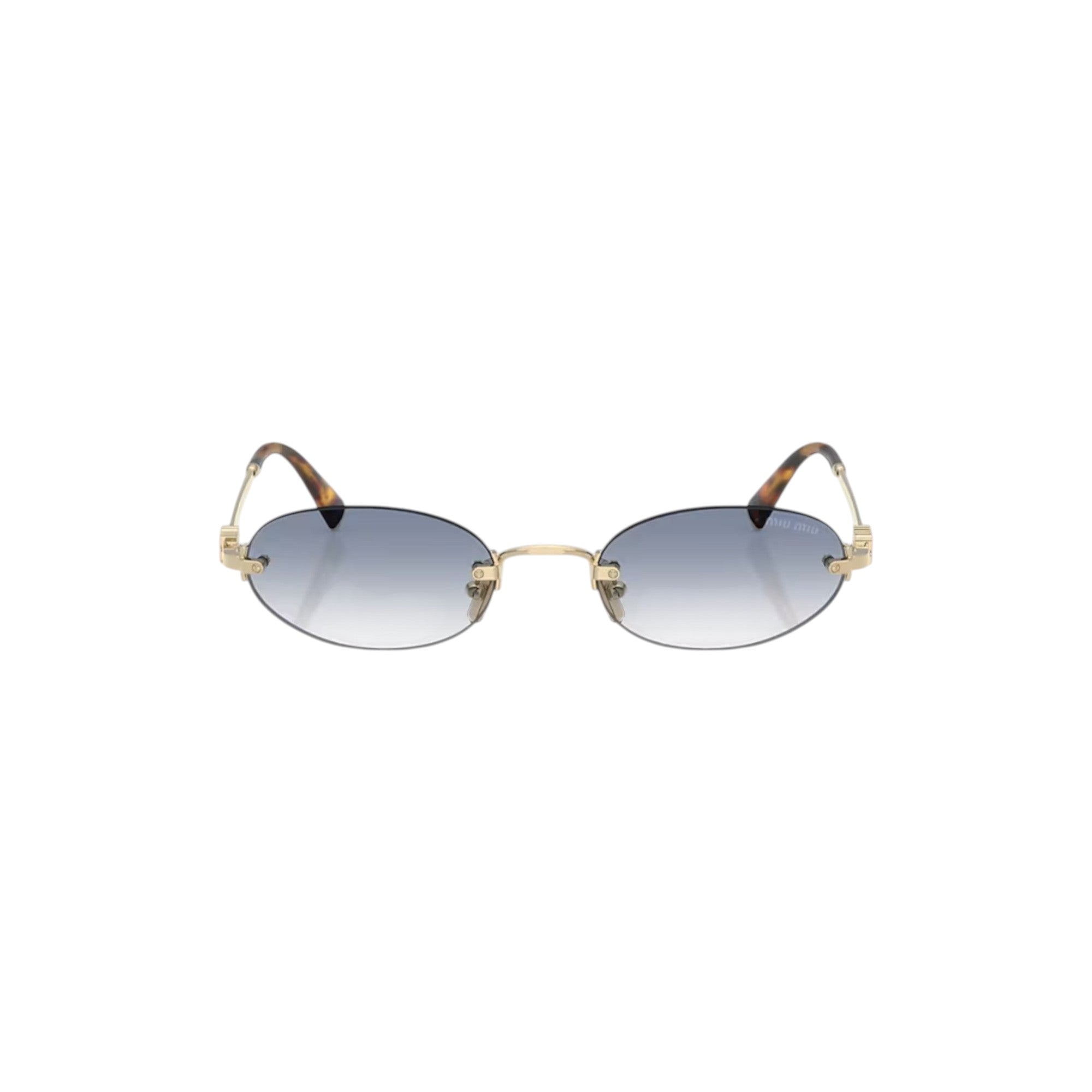 Via Manzoni Boutique rimless oval sunglasses with gradient blue lenses and gold metal frame with tortoiseshell temples.