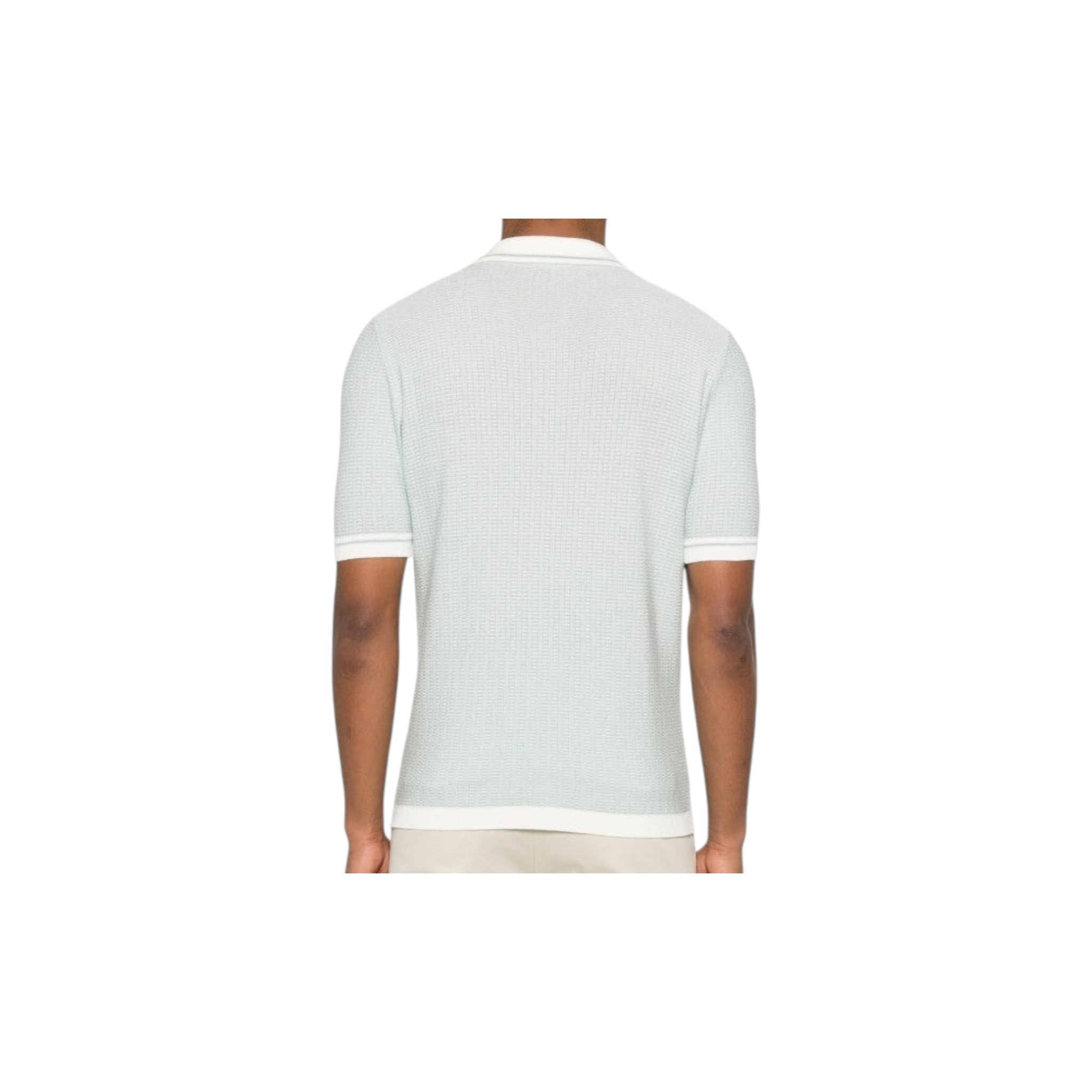 Via Manzoni Boutique sage green textured knit polo shirt with white collar and cuffs, back view on a model.