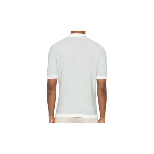 Via Manzoni Boutique sage green textured knit polo shirt with white collar and cuffs, back view on a model.