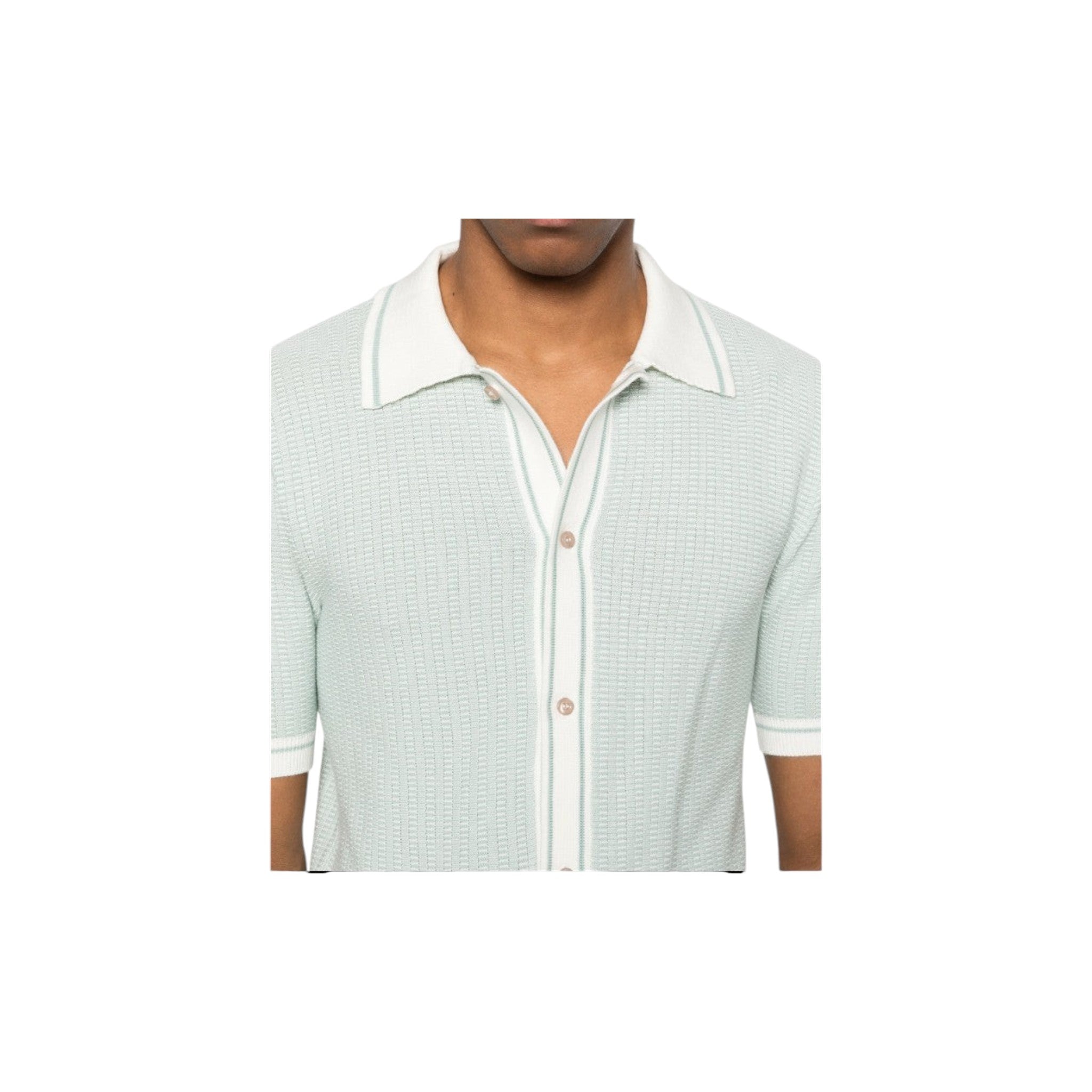 Via Manzoni Boutique sage green knit polo shirt with white collar and button placket, featuring a textured fabric finish.