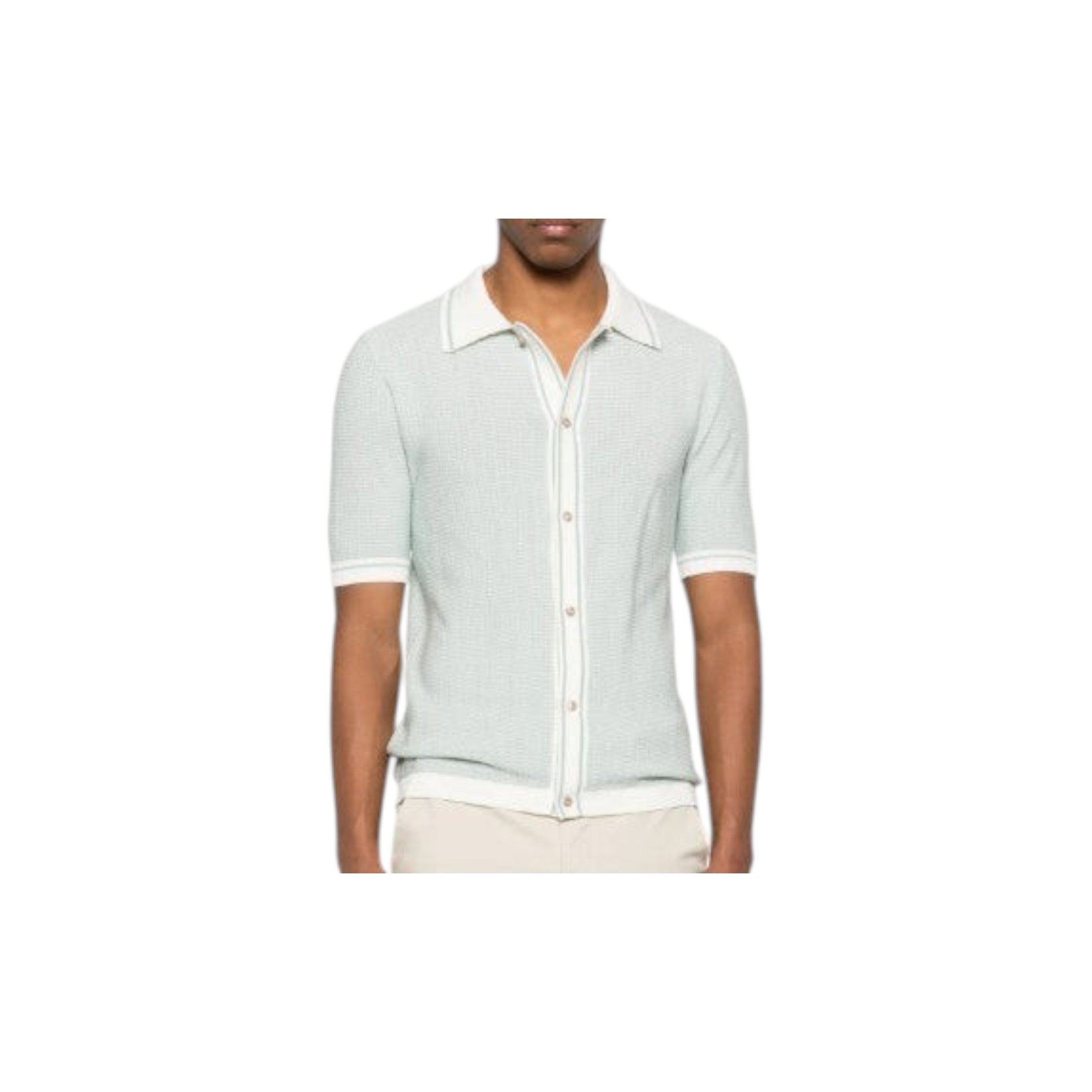 Via Manzoni Boutique sage green knit polo shirt with white collar and button-up front on a male model