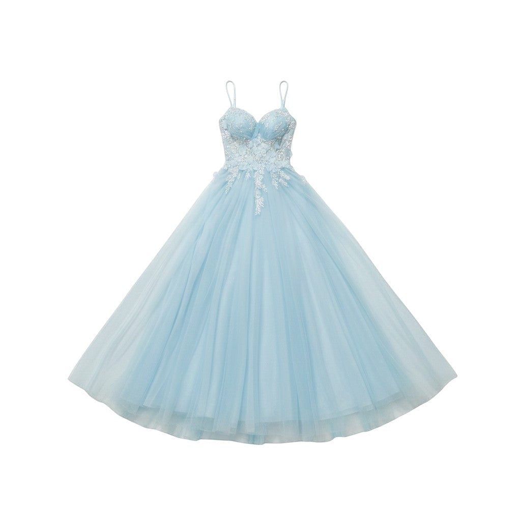 Via Manzoni Boutique sky blue tulle A-line prom dress with sweetheart neckline, spaghetti straps, and 3D floral appliques.