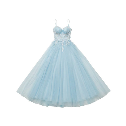 Via Manzoni Boutique sky blue tulle A-line prom dress with sweetheart neckline, spaghetti straps, and 3D floral appliques.