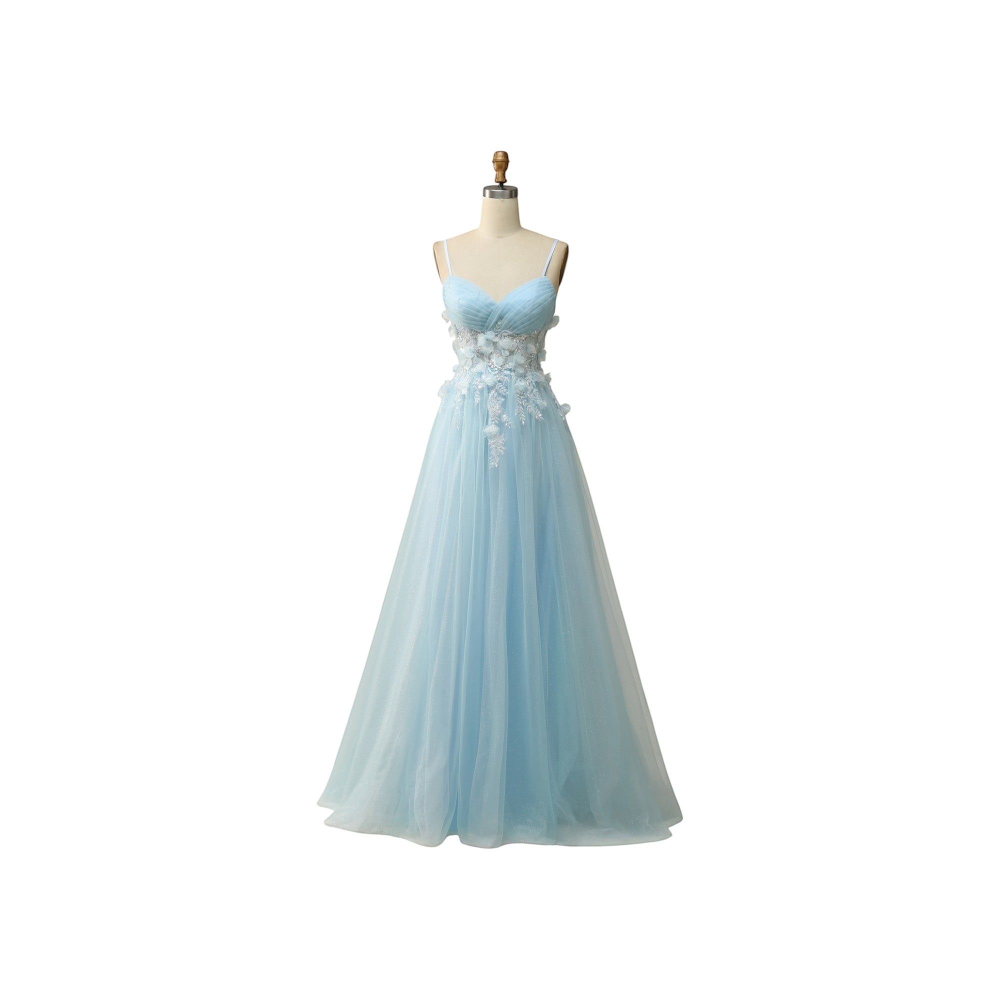 Via Manzoni Boutique sky blue tulle A-line prom dress with sweetheart neckline, spaghetti straps, and 3D floral appliques.