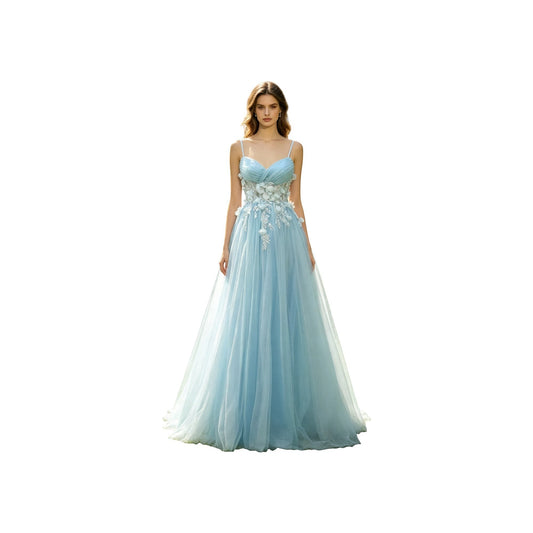 Via Manzoni Boutique sky blue tulle A-line prom dress with sweetheart bodice, spaghetti straps, and 3D floral appliques.