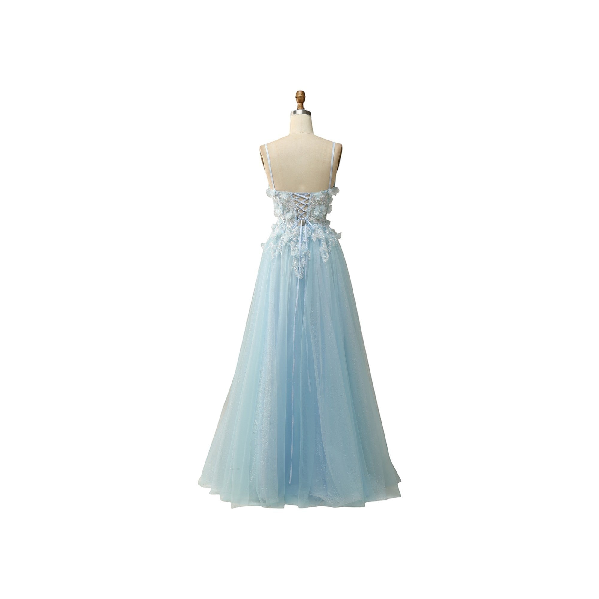 Via Manzoni Boutique Seraphina sky blue tulle A-line prom dress with 3D floral appliques and lace-up back.