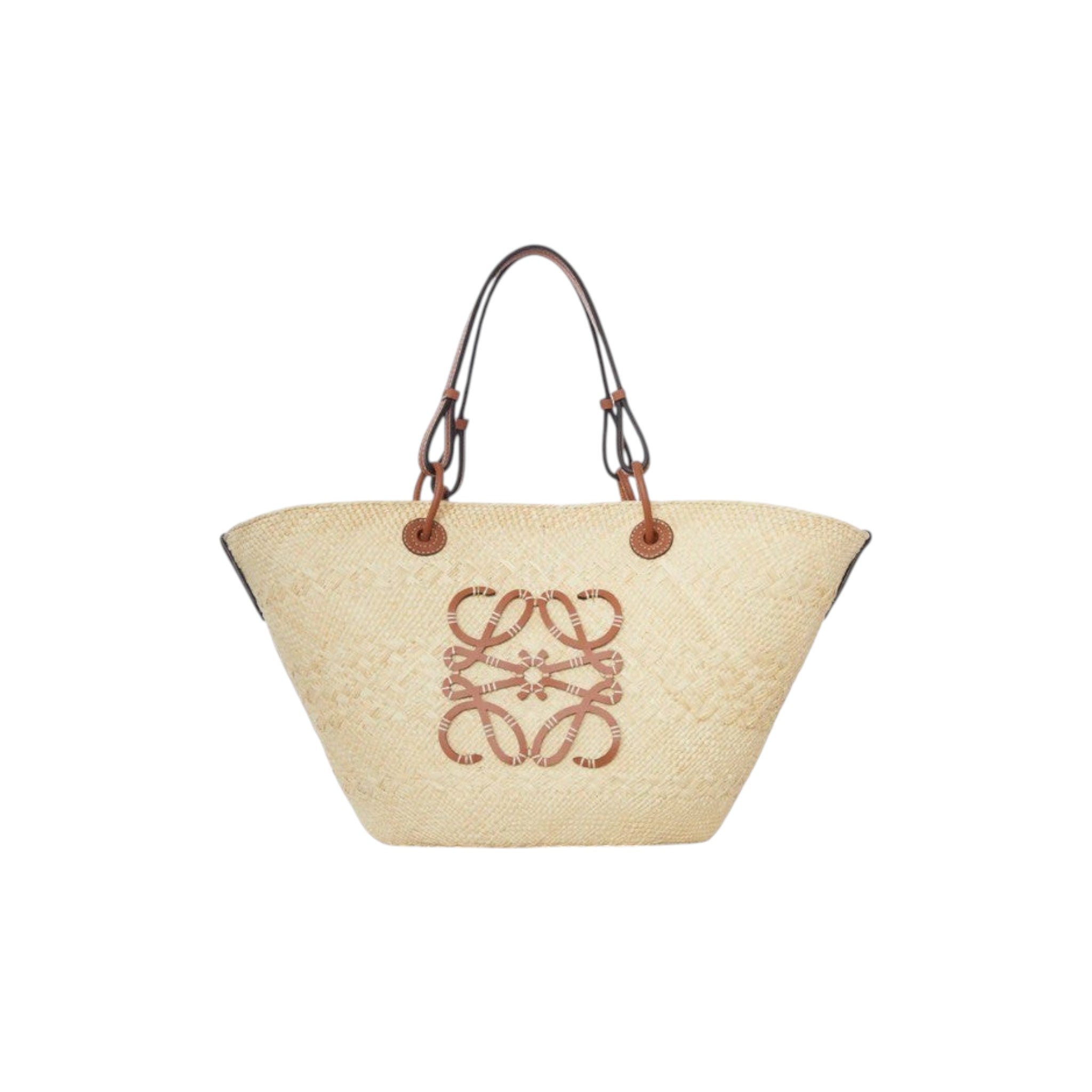 Via Manzoni Boutique natural raffia woven straw tote bag with tan leather straps and anagram logo.