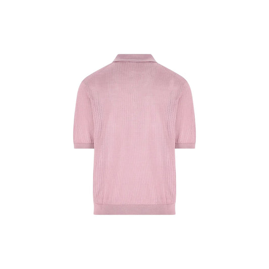 Via Manzoni Boutique Tagliatore dusty pink open-knit short sleeve polo shirt with ribbed hem and cuffs, back view.