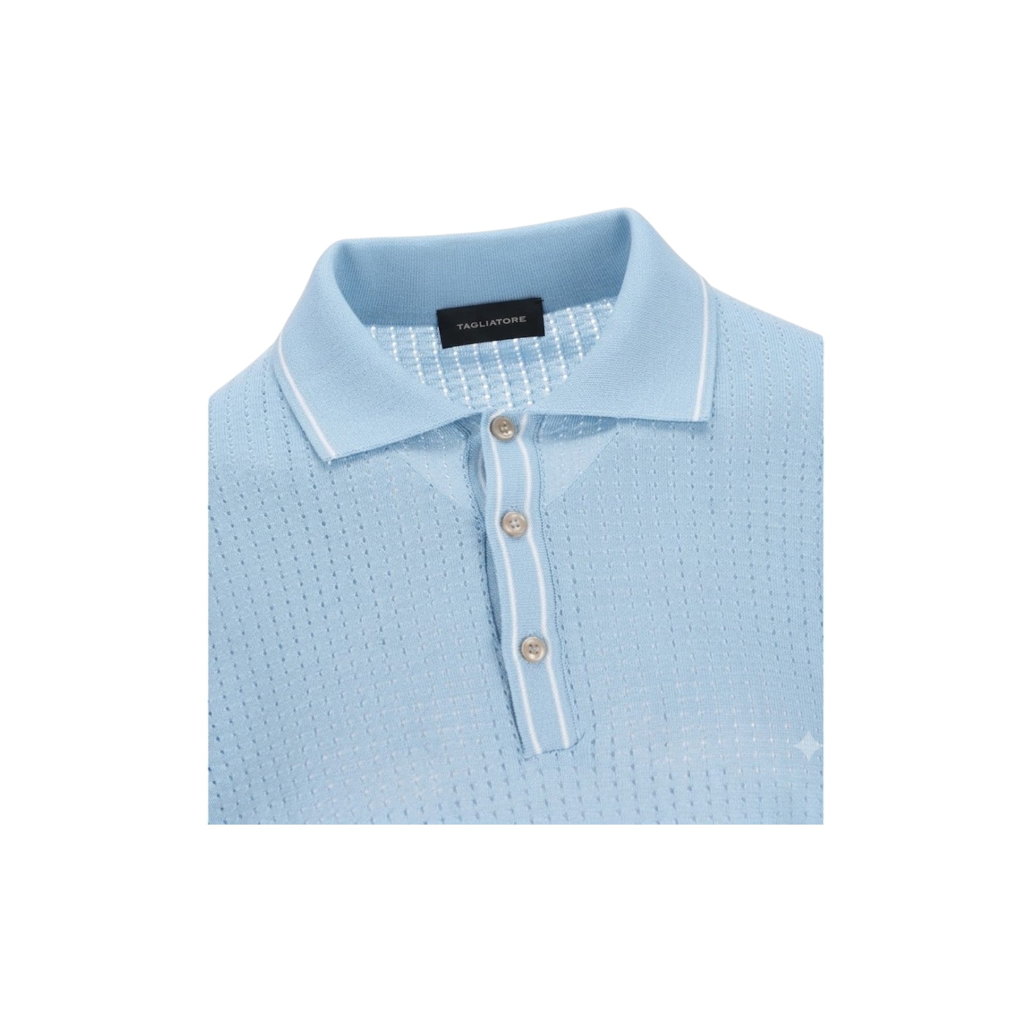 Via Manzoni Boutique Tagliatore Hill Cielo sky blue cotton polo shirt with textured knit and white striped placket