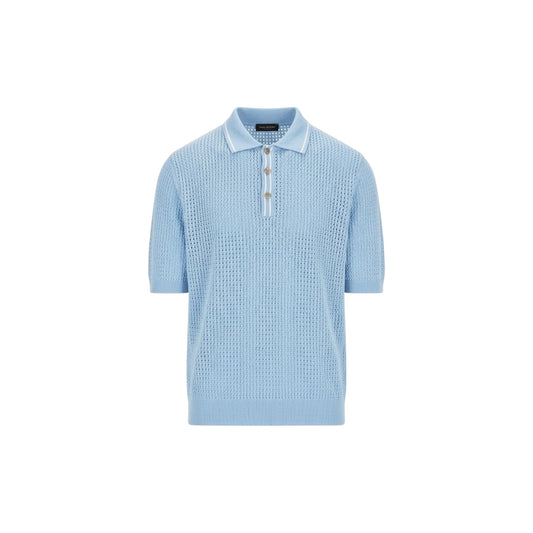 Via Manzoni Boutique Tagliatore Hill Cielo sky blue cotton knit polo shirt with textured open-weave design
