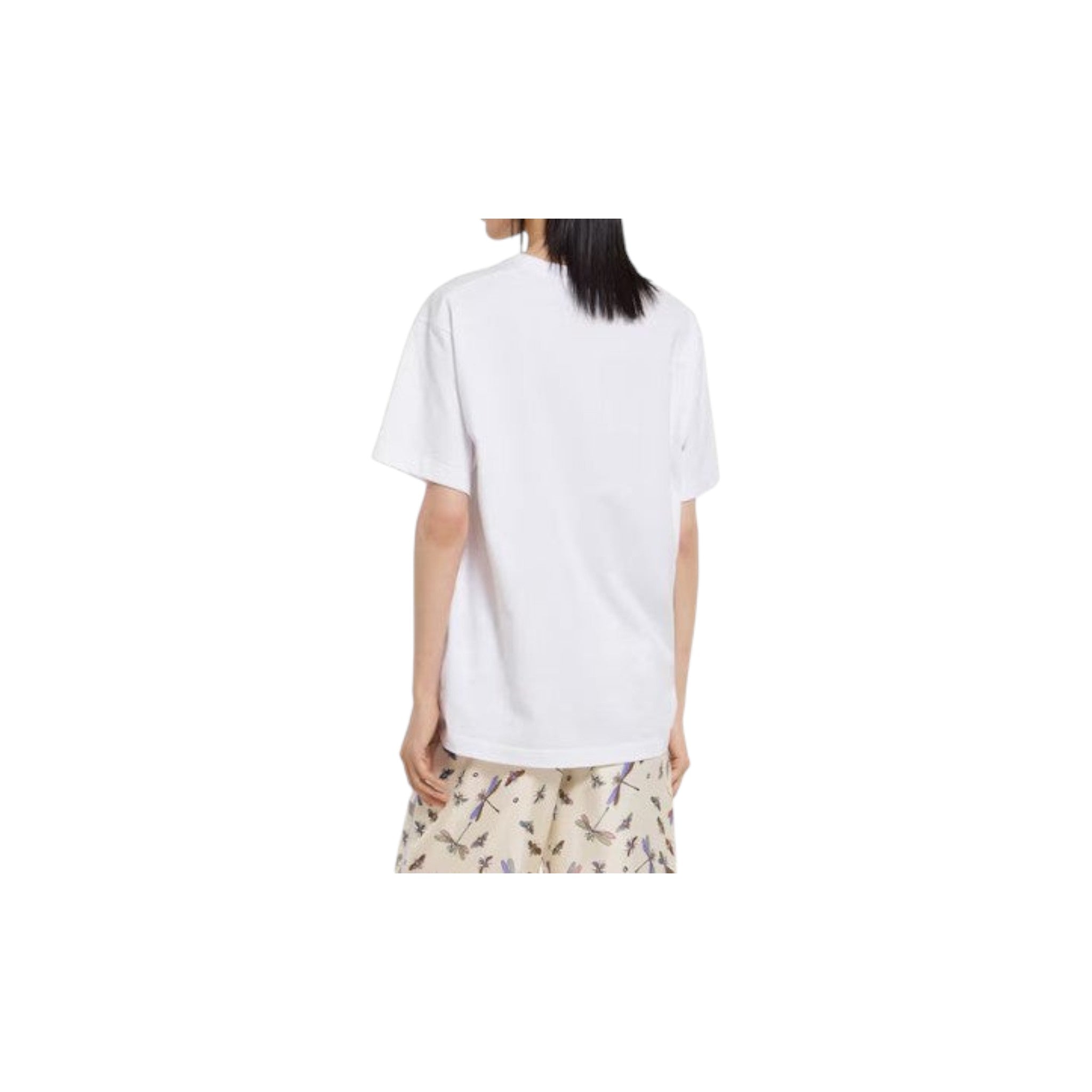 Via Manzoni Boutique white cotton t-shirt with embroidered yellow GG logo on chest, crew neck, short sleeves.