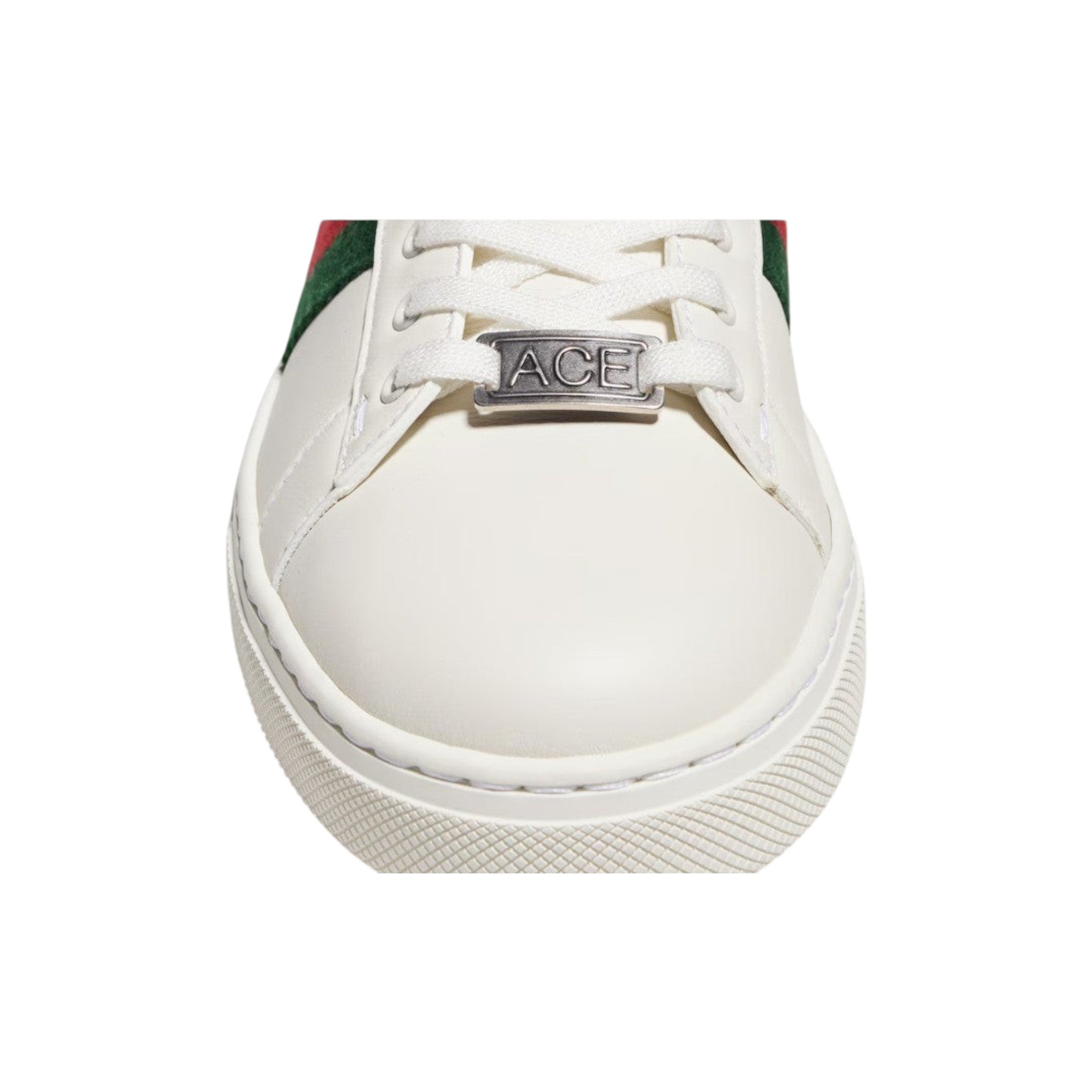 Via Manzoni Boutique white leather lace-up sneakers with green and red Web stripe detail and ACE metal accent.