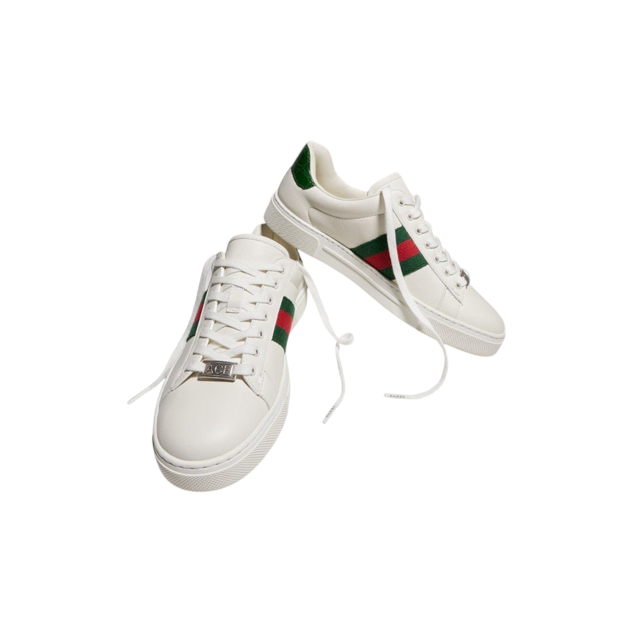 Via Manzoni Boutique white leather lace-up sneakers with green and red Web stripe detail and "ACE" metal lace tag.