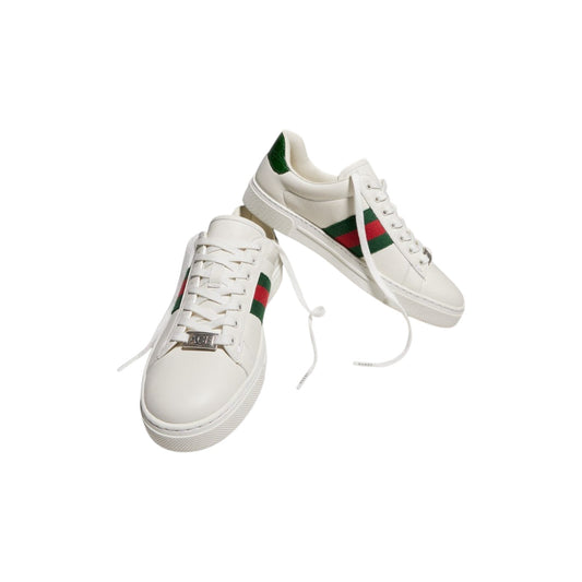 Via Manzoni Boutique white leather lace-up sneakers with green and red Web stripe detail and "ACE" metal lace tag.