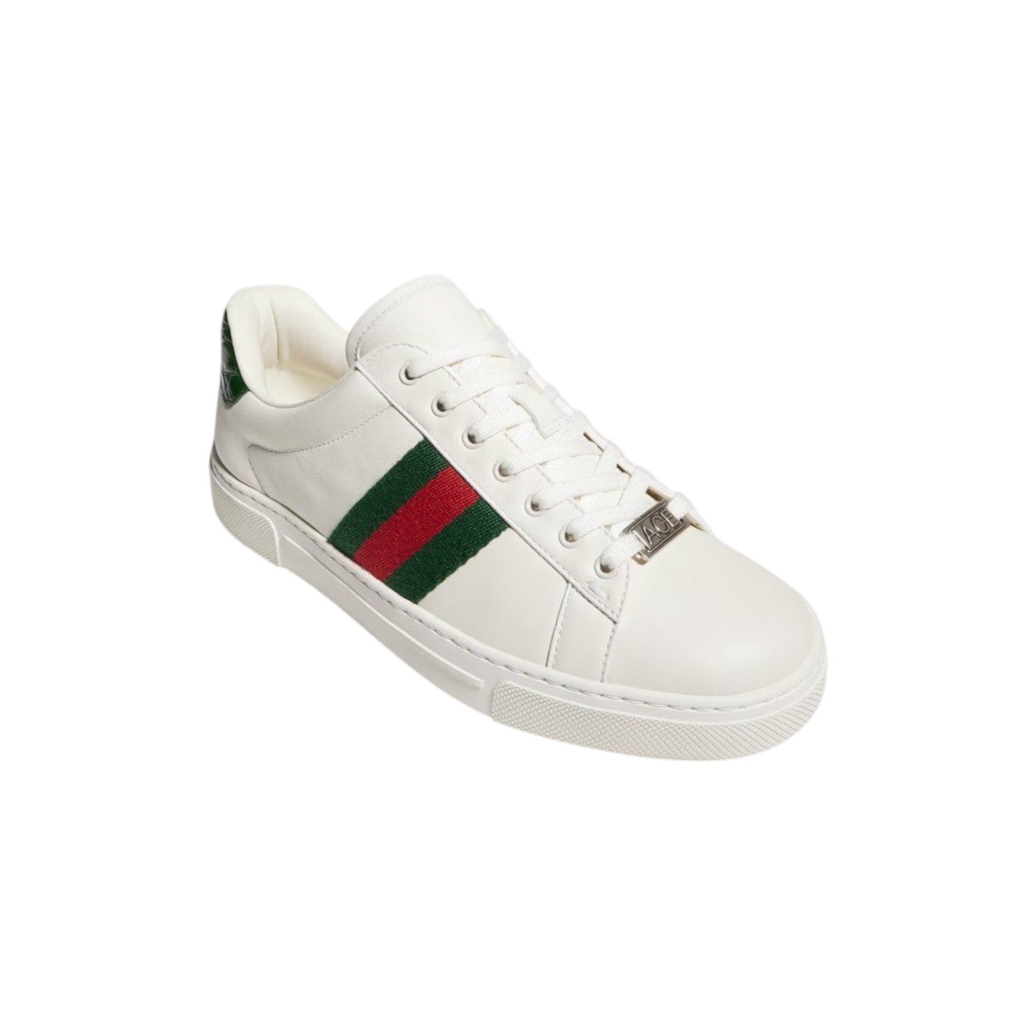 Via Manzoni Boutique white leather sneakers with green and red web stripe detail and ACE lace tag.