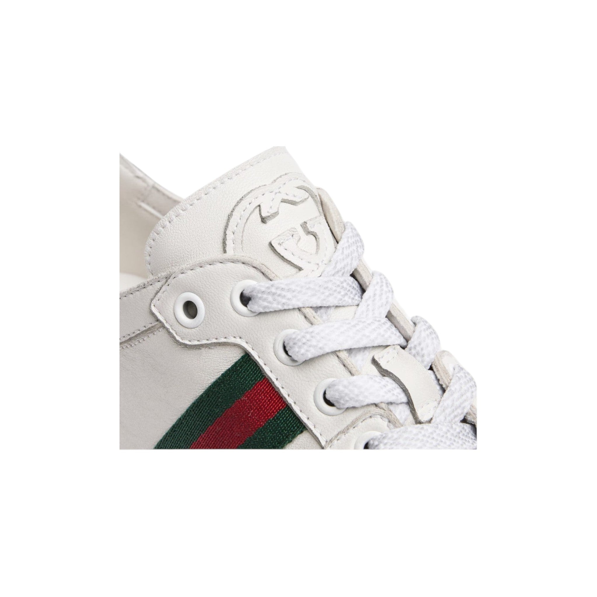 Via Manzoni Boutique white leather low top sneakers with green and red web stripe detail and lace-up closure.
