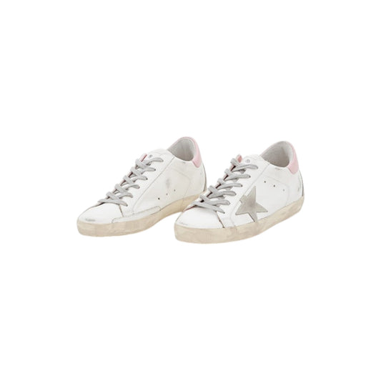 Via Manzoni Boutique white leather low-top sneakers with grey suede star and pink heel tab, distressed finish.