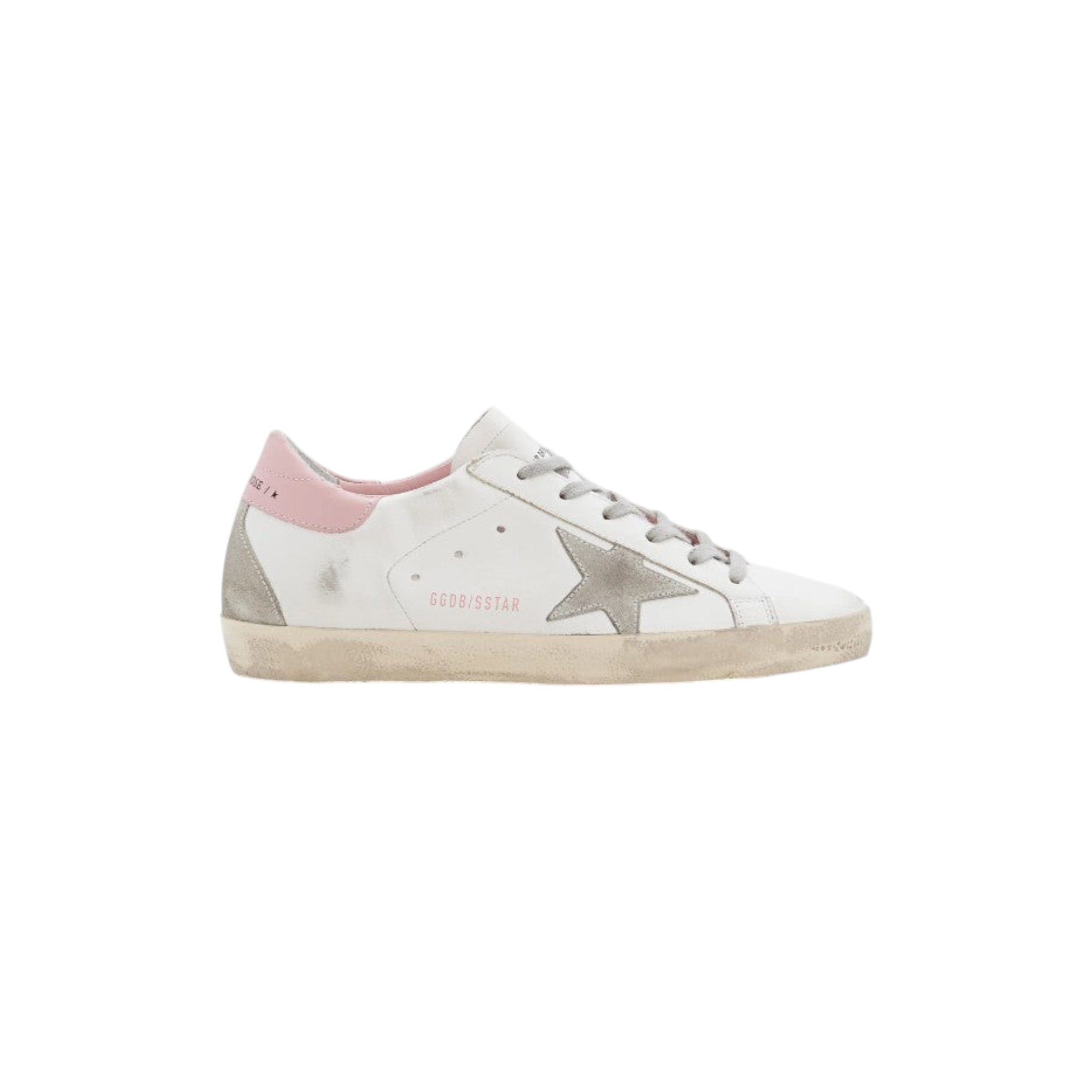 Via Manzoni Boutique white leather low-top sneakers with grey suede star and pink heel tab. Distressed finish.