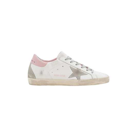 Via Manzoni Boutique white leather low-top sneakers with grey suede star and pink heel tab. Distressed finish.