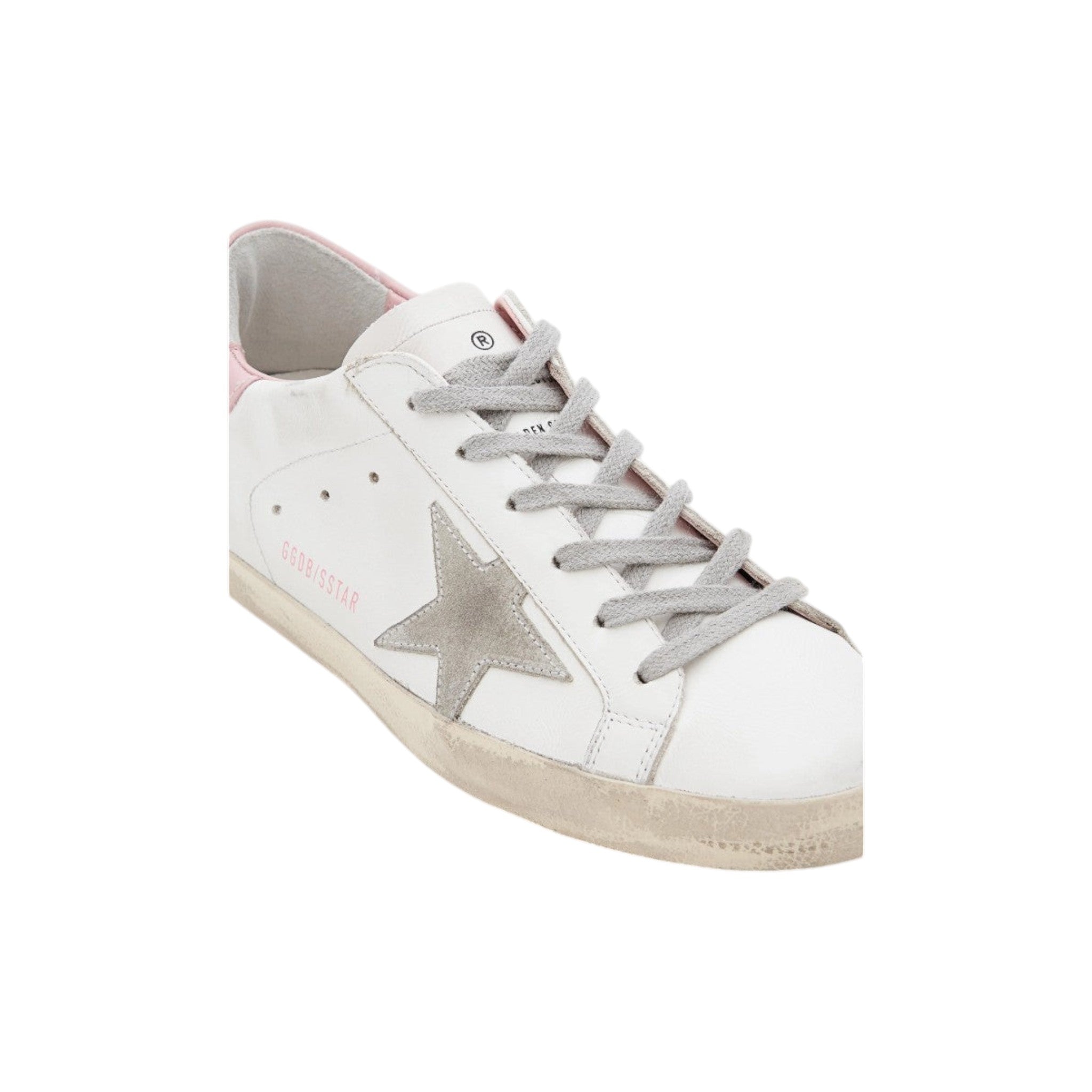 Via Manzoni Boutique white leather low-top sneakers with grey suede star and pink heel tab. Distressed finish.
