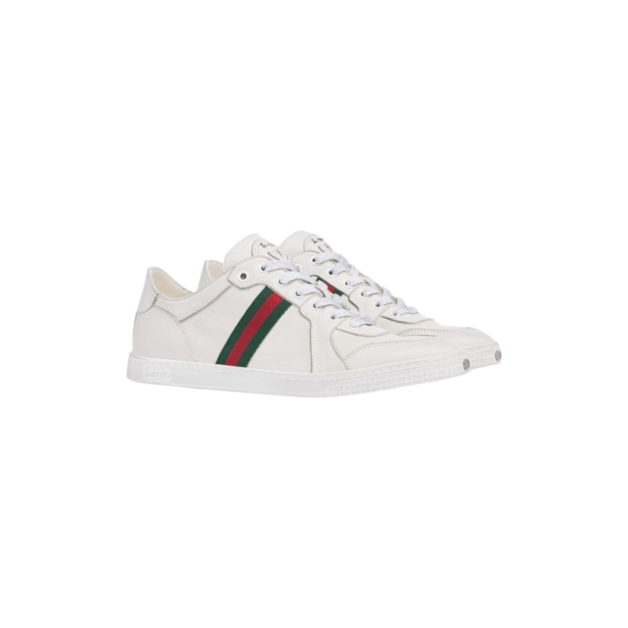 Via Manzoni Boutique white leather low top sneakers with green and red web stripe detail and lace-up closure.