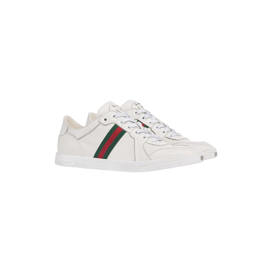 Via Manzoni Boutique white leather low top sneakers with green and red web stripe detail and lace-up closure.