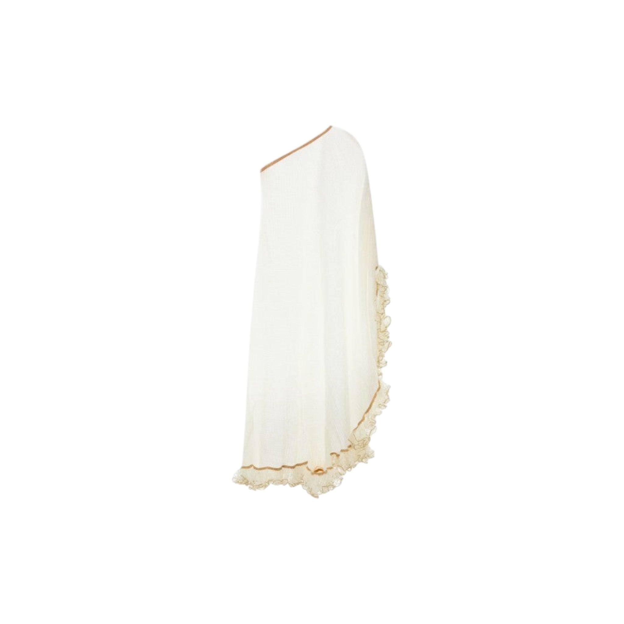 Via Manzoni Boutique white mesh one-shoulder cover-up dress with tan ruffled lace trim for beach or resort wear.