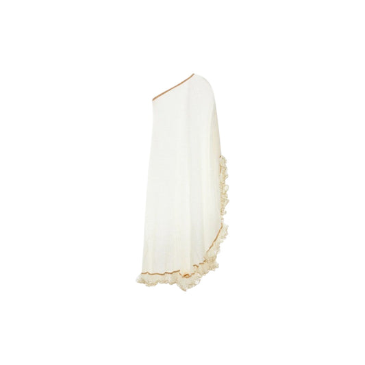 Via Manzoni Boutique white mesh one-shoulder cover-up dress with tan ruffled lace trim for beach or resort wear.