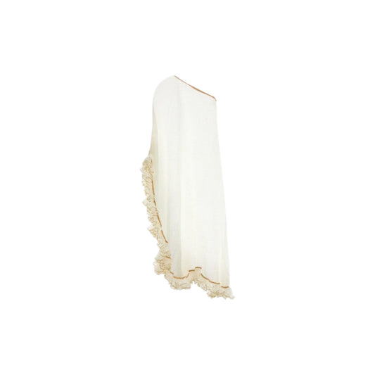 Via Manzoni Boutique white mesh one-shoulder cover-up dress with tan ruffled lace trim for beach and resort wear.