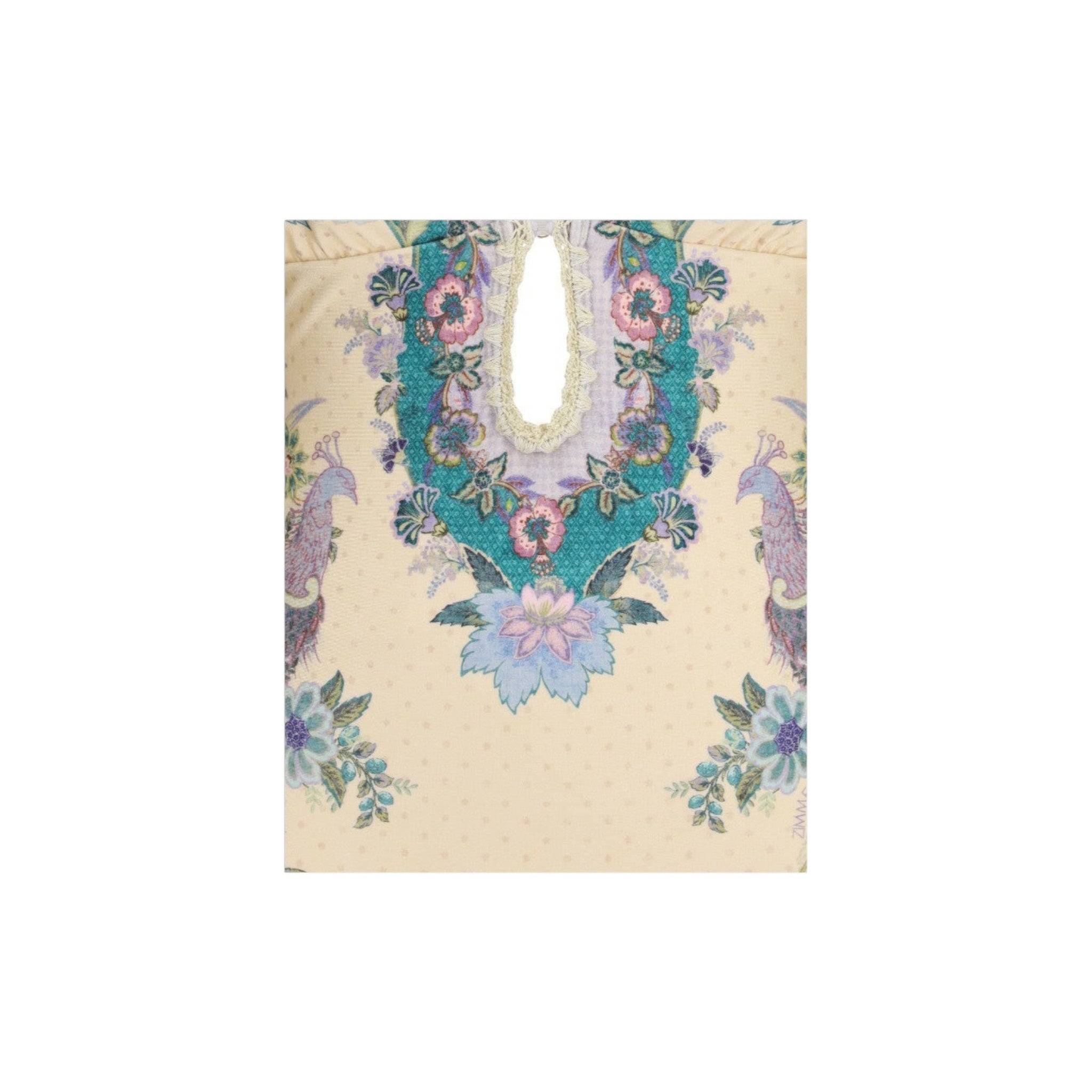 Via Manzoni Boutique Zimmermann floral and peacock print one-piece swimsuit with crochet trim on a cream polka-dot base